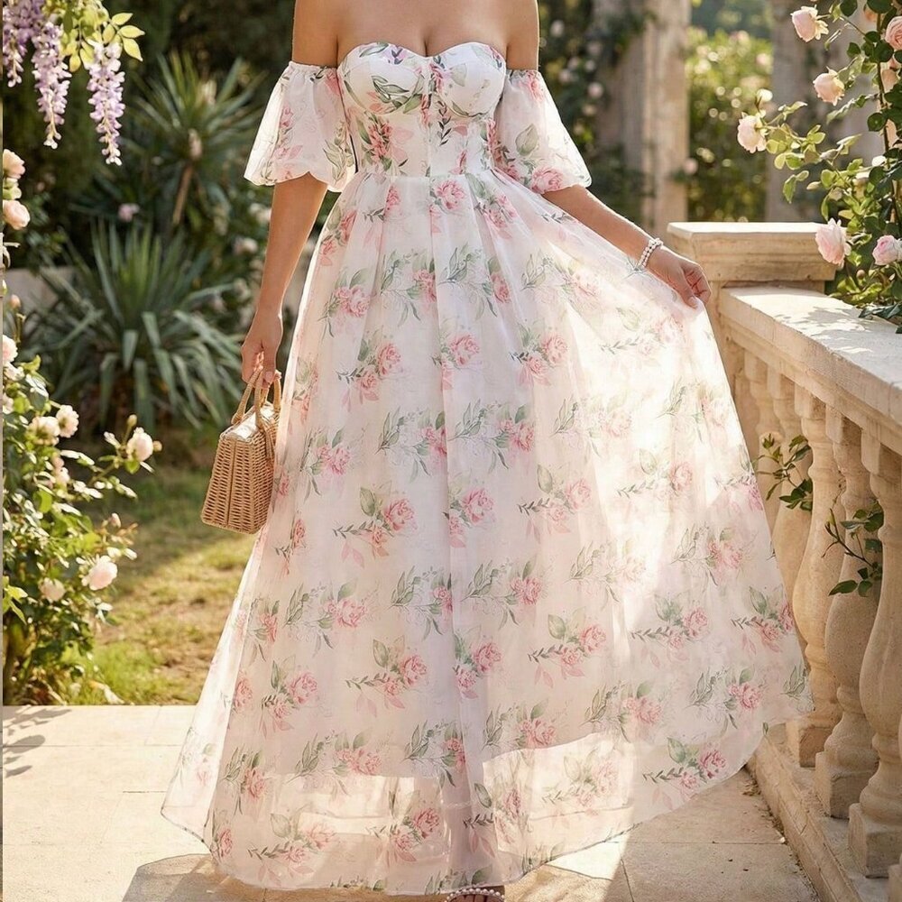 White Elegant Women's Off-Shoulder Floral Bridesmaid Maxi Dress